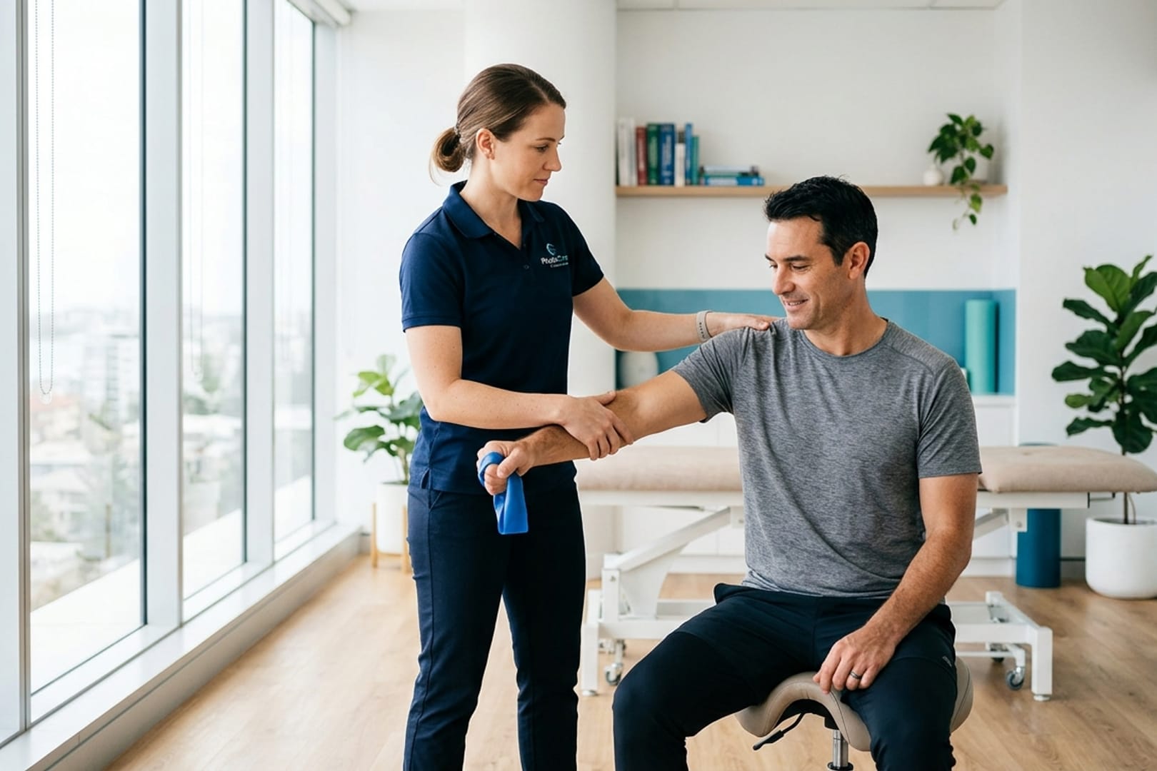 A physiotherapist guiding a patient through a shoulder rehabilitation exercise in a bright, modern clinic