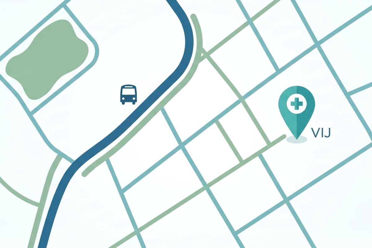 Stylized location map showing VIJ Physiotherapy behind the Bus Stand on Durga Mandir Road, Hanumangarh